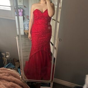 Red Beaded Mermaid Prom Dress